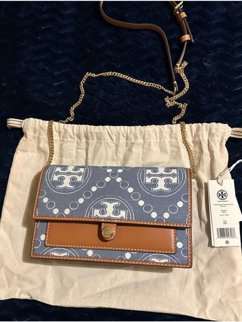 Tory Burch Blue Canvas & Tan Leather Chain Crossbody